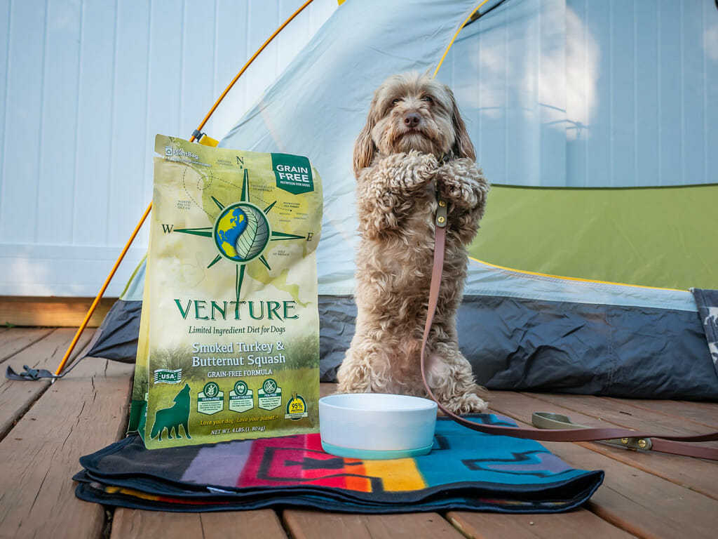 Dog standing next to a bag of Venture Smoked Turkey and Butternut Squash dog food